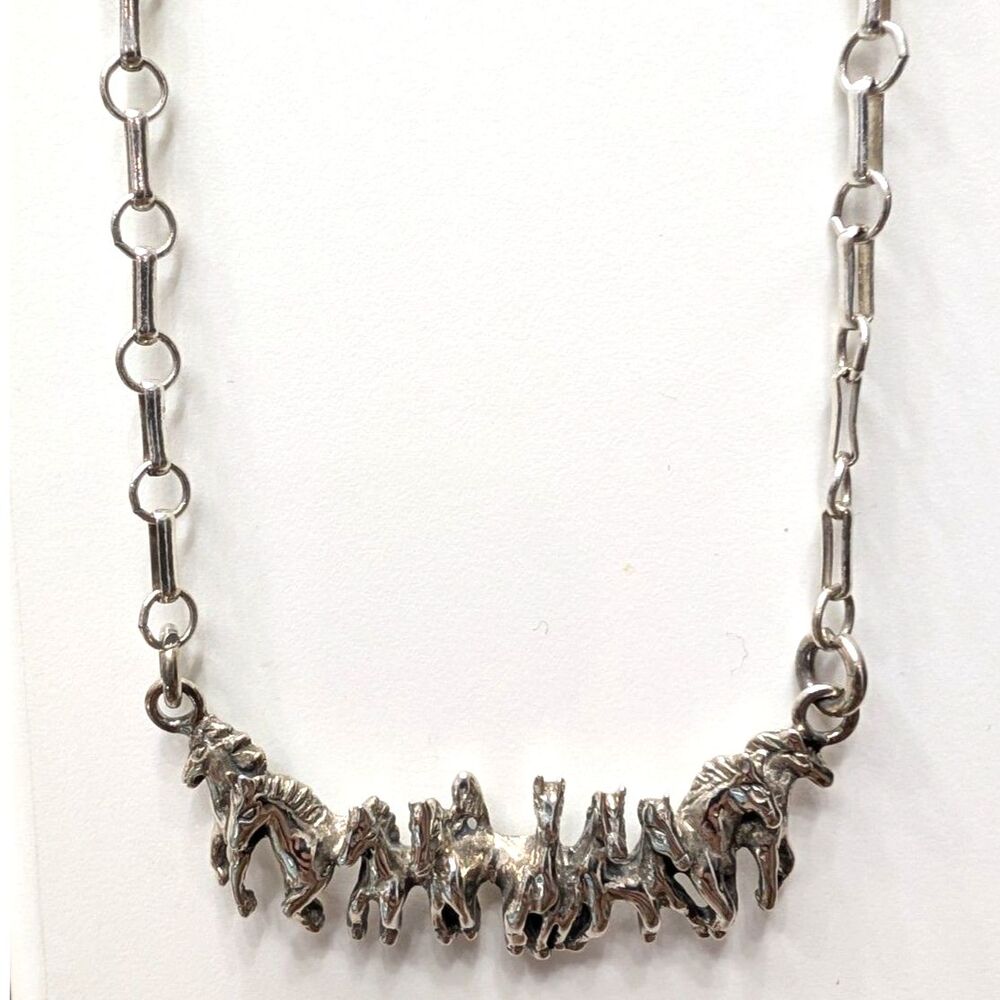 Vintage Kabana Sterling Silver 9 Running Horses Statement Necklace